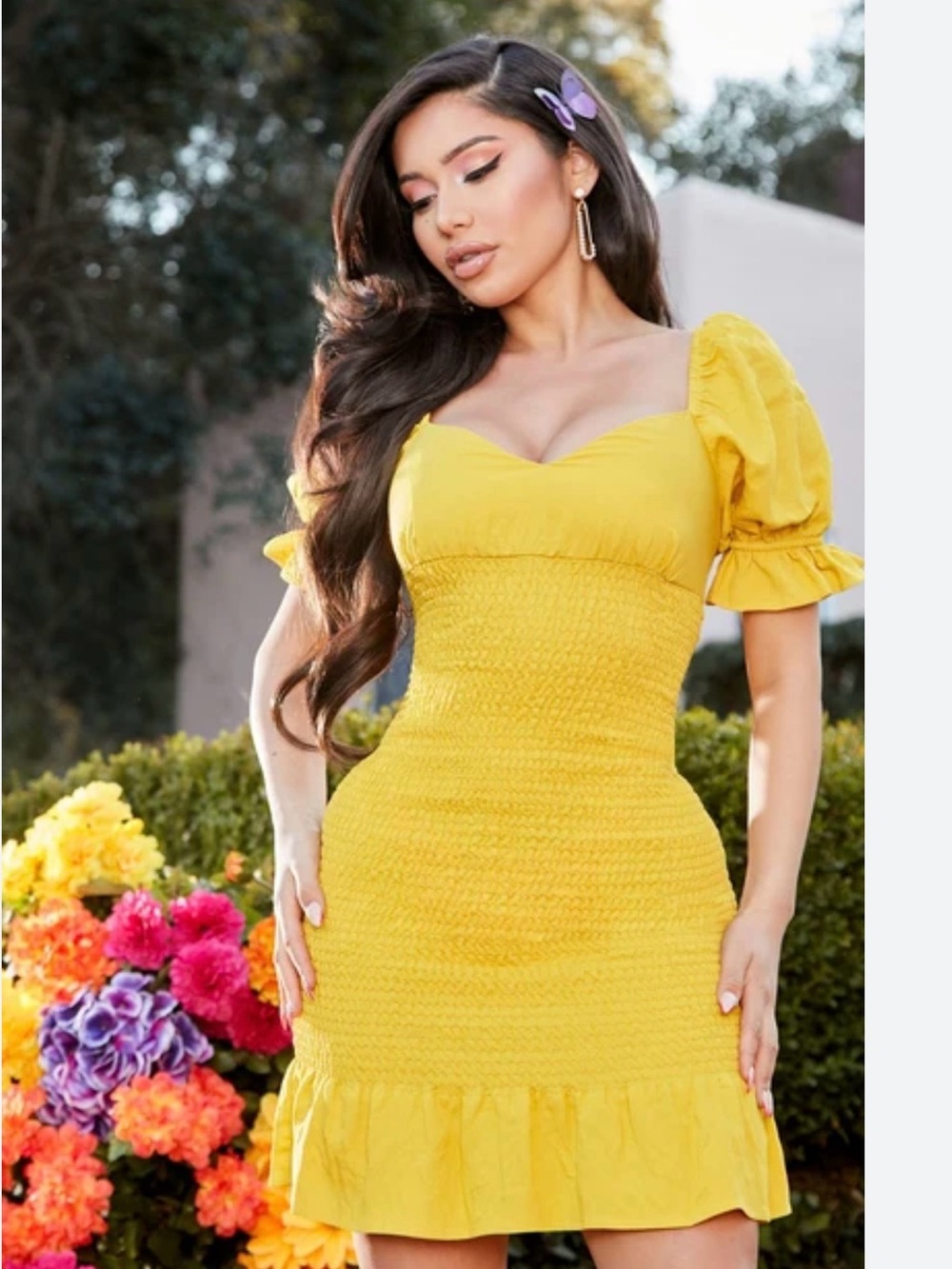 Fashion Nova Yellow Smocked Puff Sleeve Mini Dress